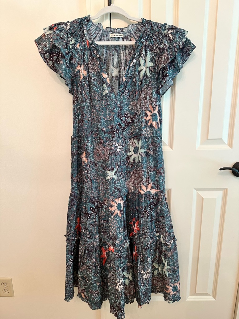 Ulla Johnson Teal Floral Tiered Midi Dress with Flutter Sleeves